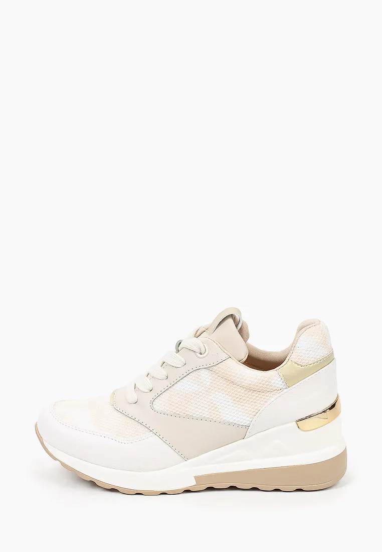 Baskets femmes basses compensés à lacets, Beige imprimé