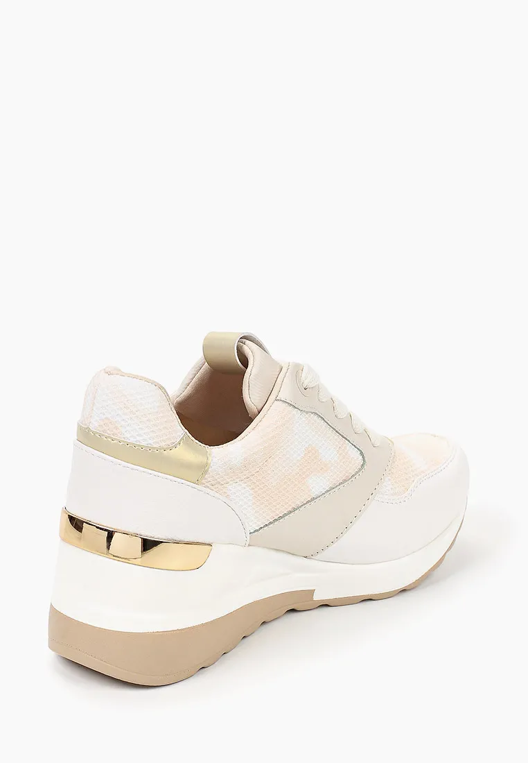 Baskets femmes basses compensés à lacets, Beige imprimé