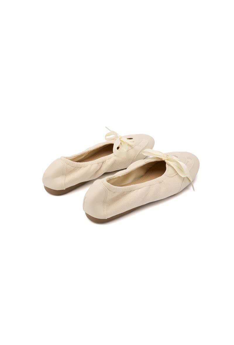 Ballerines à lacets bi-matière, Beige écru