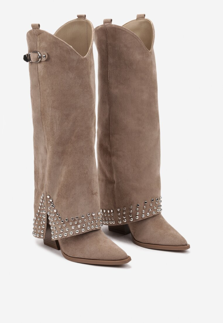 Bottes Santiags guêtres style Cowboy cloutées, Taupe