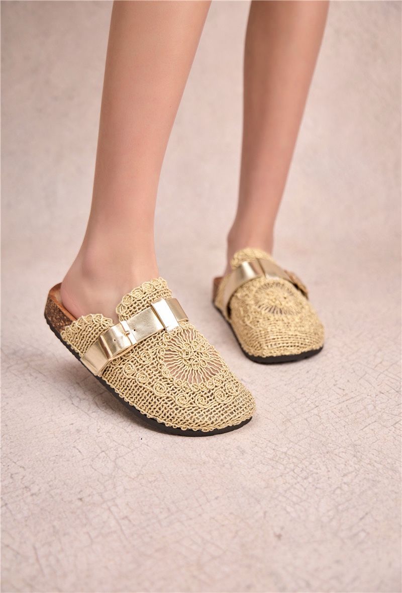 Mules Sabot femme en dentelle avec boucle, doré