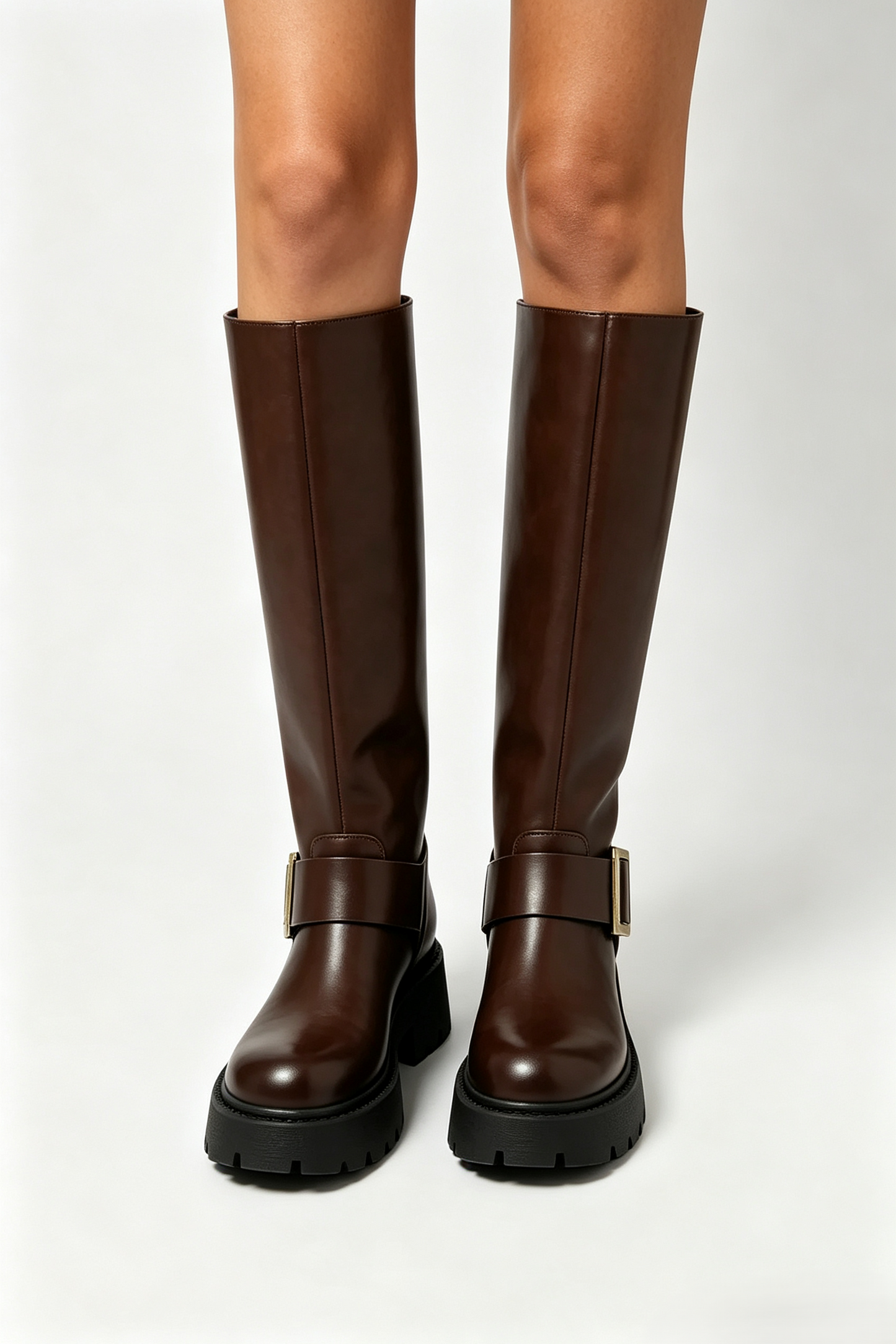Bottes Hautes Semelle Crantée et Boucle Dorée, Chocolat