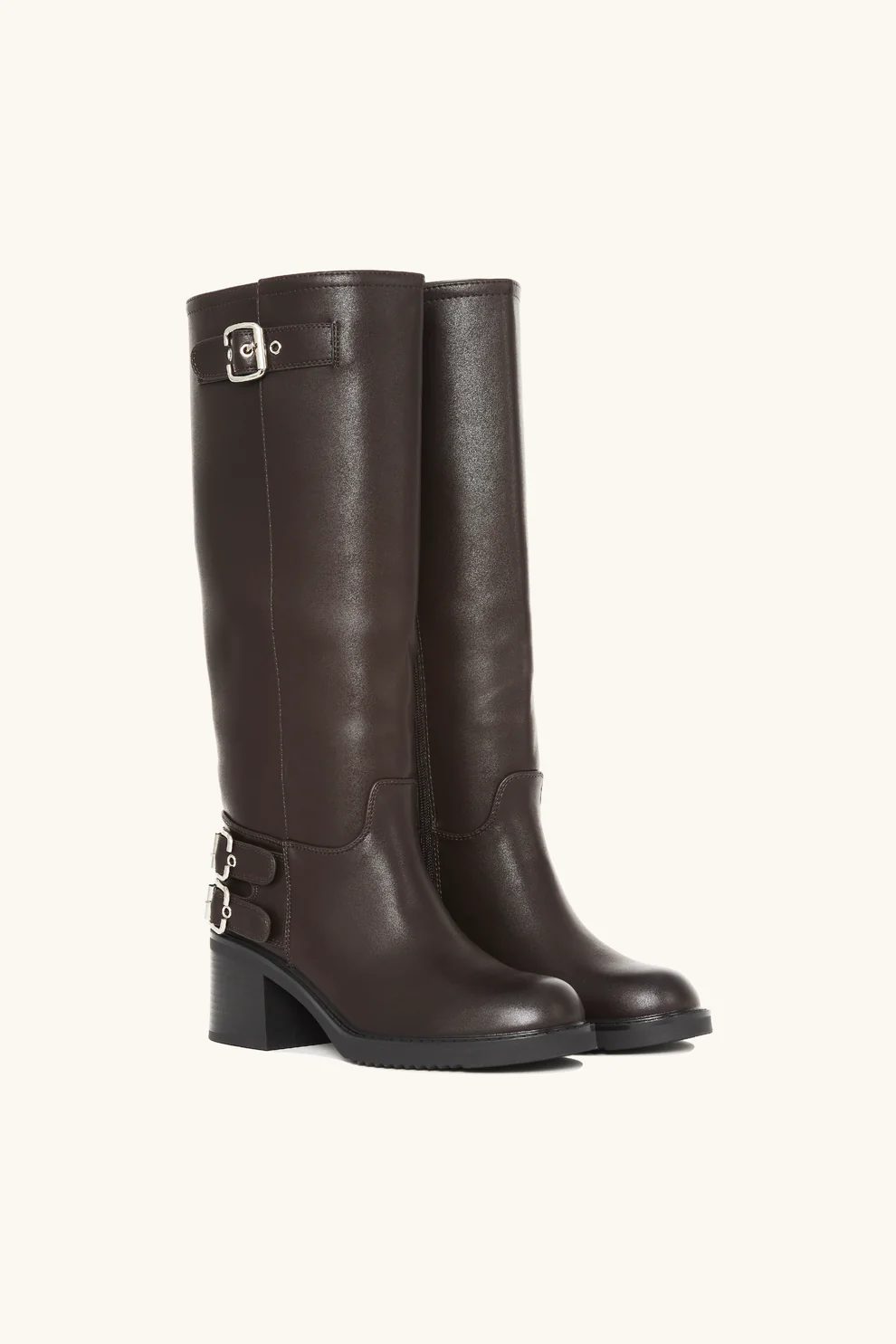 Bottes cavalières à talon et boucles argentées - marron