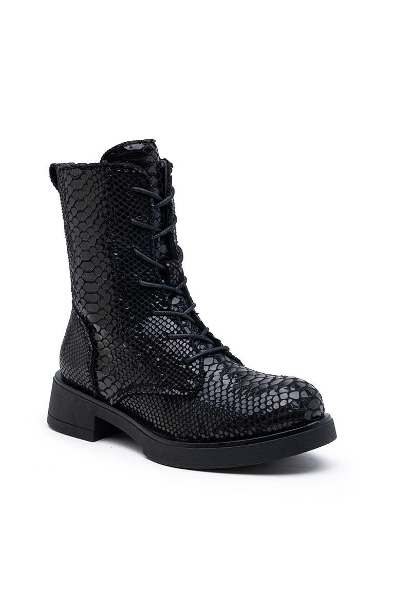 Bottines femmes à lacets effet serpent, Noire