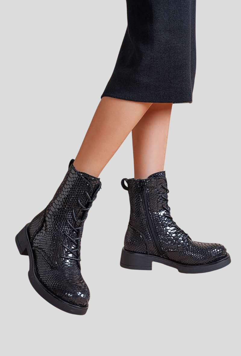 Bottines femmes à lacets effet serpent, Noire