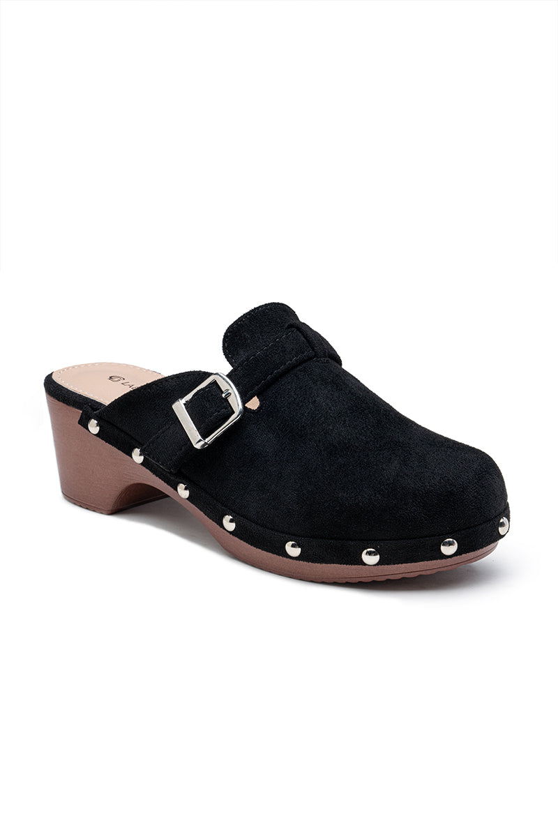 Mule sabot à talon carré et boucle, NOIR