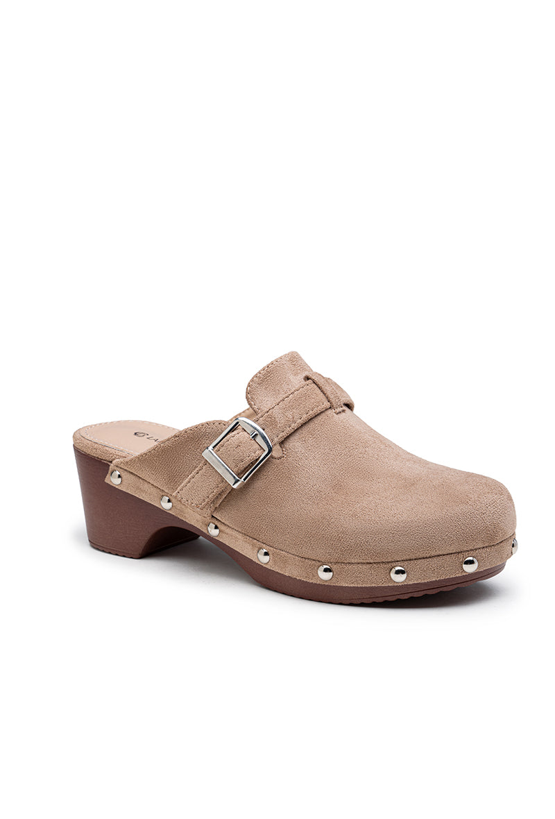 Mule sabot à talon carré et boucle, Taupe