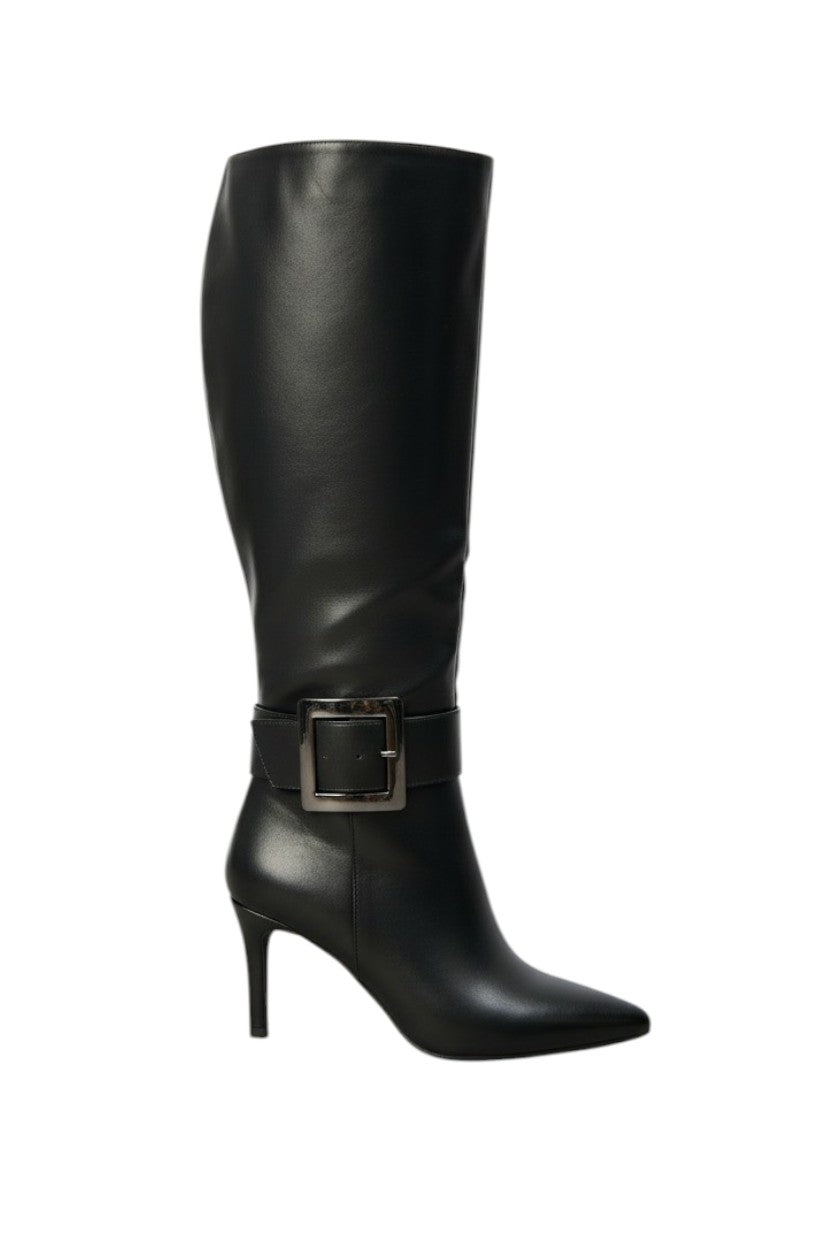 Bottes à bout pointu à talon aiguille avec grande boucle, Noir