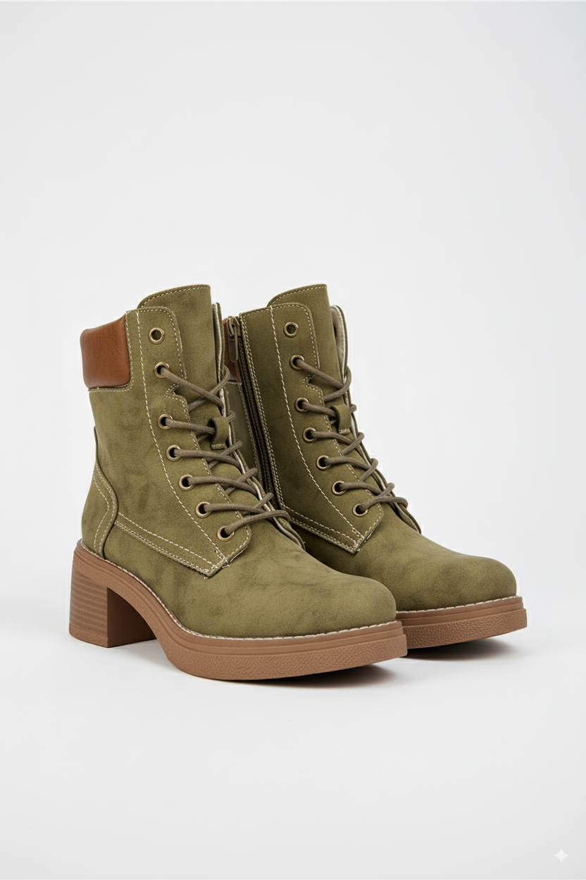 Bottines plateforme à lacets à talon épaisse, Kaki