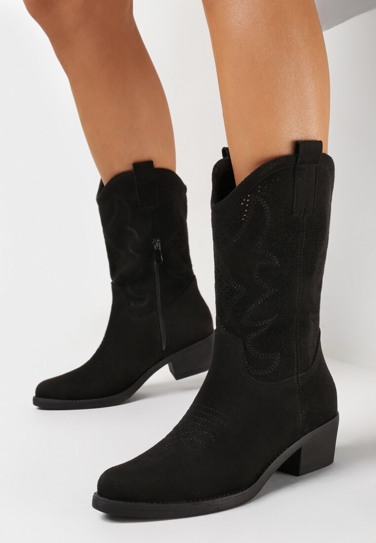 Bottes Santiags mi- mollet ajourée, Noir