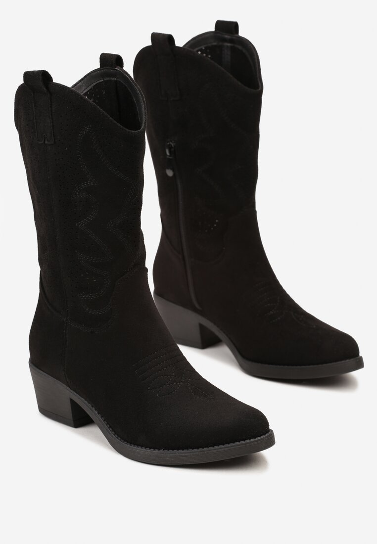 Bottes Santiags mi- mollet ajourée, Noir