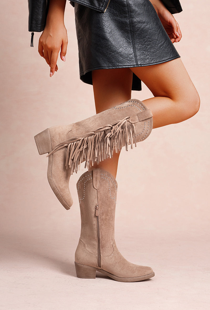 Botte Santiags style Cowboy à franges, Taupe