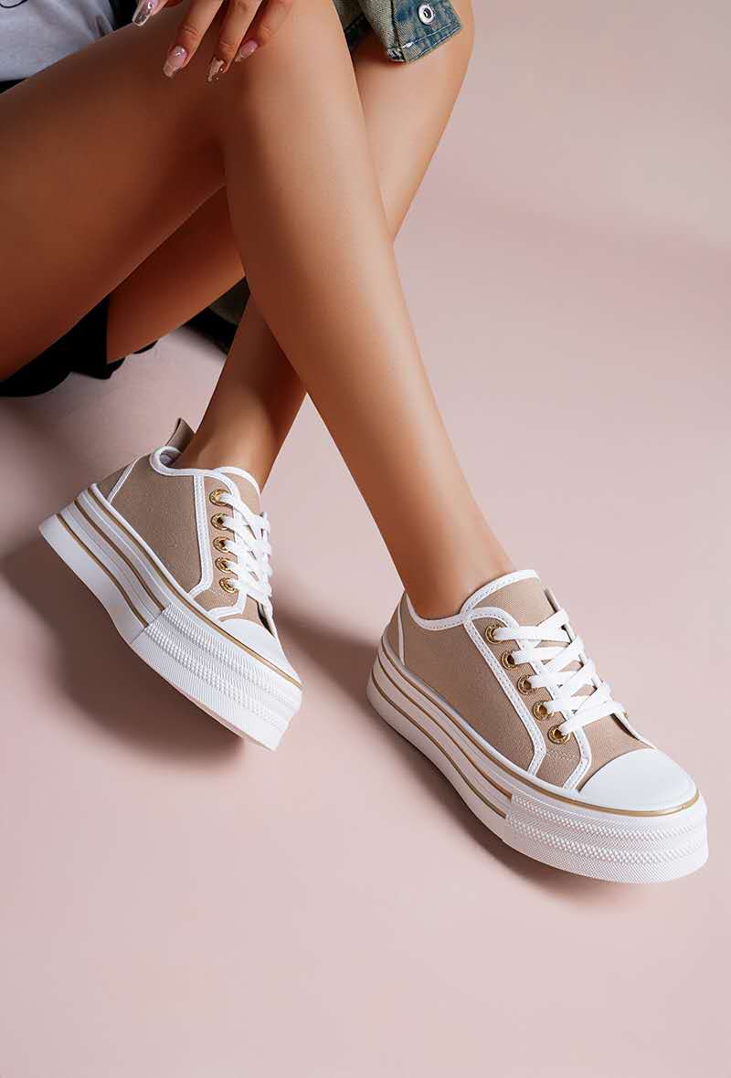 Baskets basses en toile à plateforme à lacets, Taupe