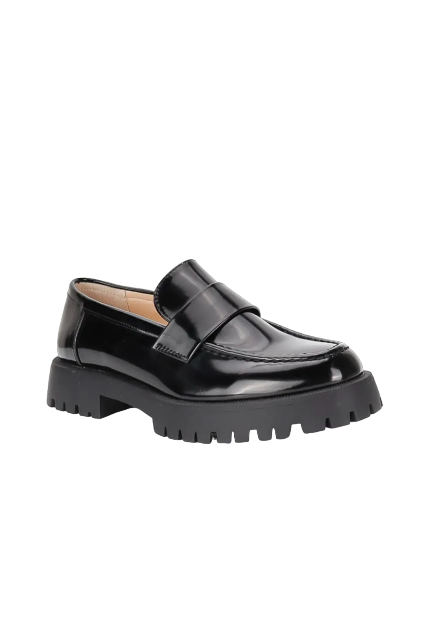 Loafer Mocassin Femmes semelle crantée, Noir Verni