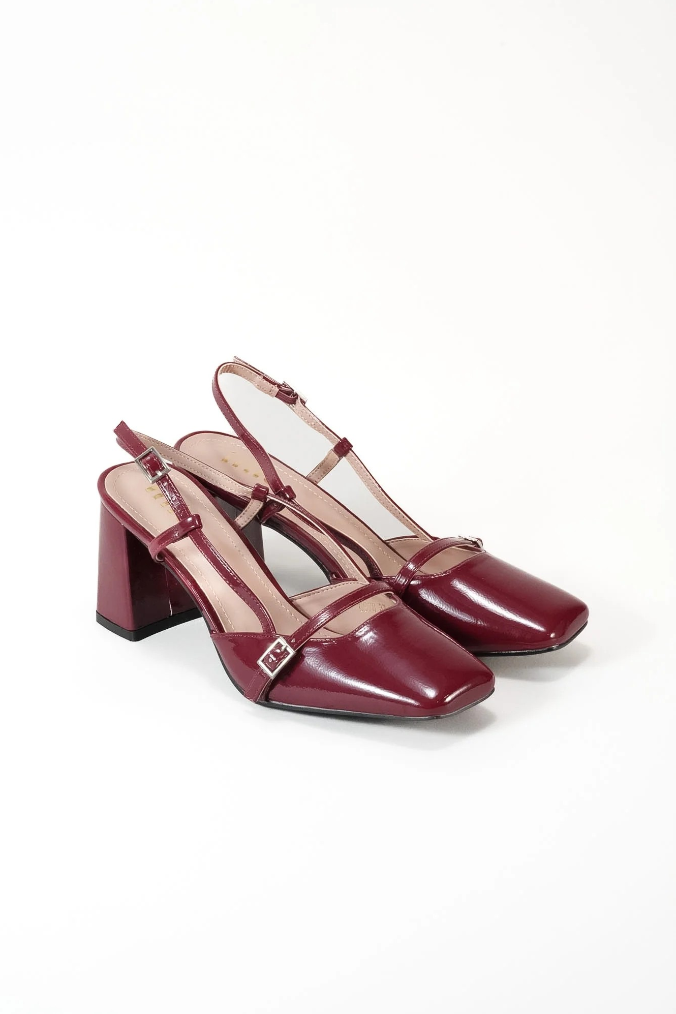 Escarpins avec bride boucles talon ouvert, Bordeaux verni