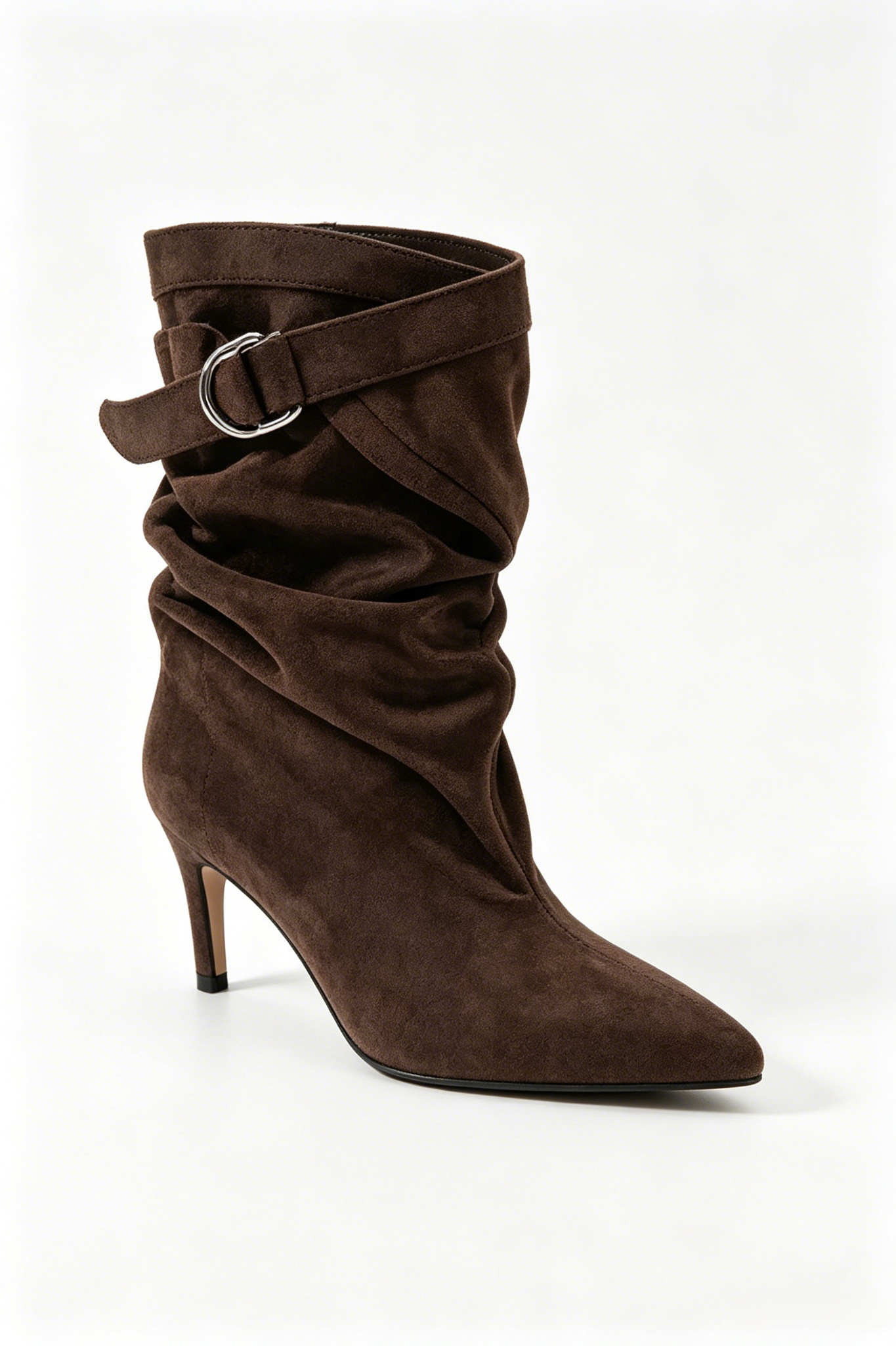 Bottines Plissées à Talon Aiguille et Boucle - marron