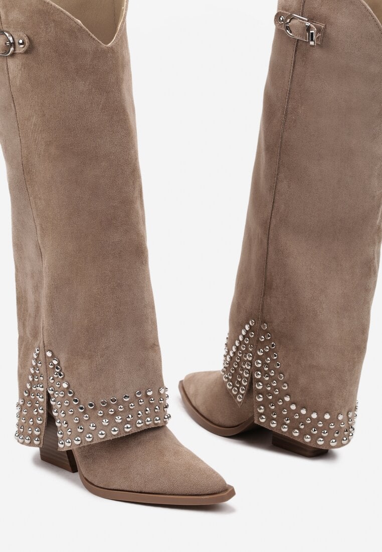 Bottes Santiags guêtres style Cowboy cloutées, Taupe