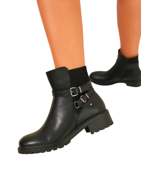 Bottines femmes plates avec brides et boucles, Noir