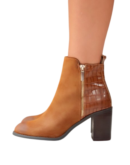 Bottines femmes à talons en bi-matière, Cognac