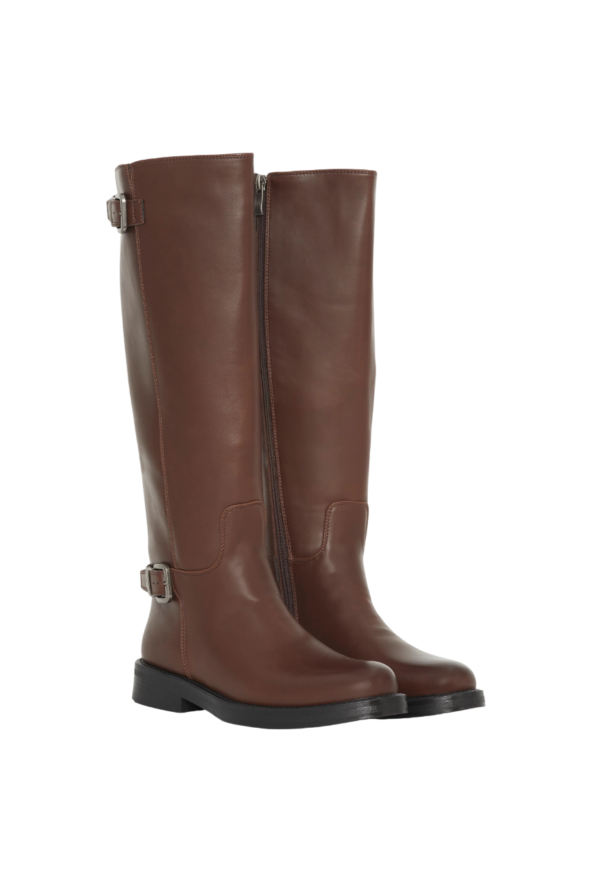 Bottes Marron cavalière à sangles, talon plat