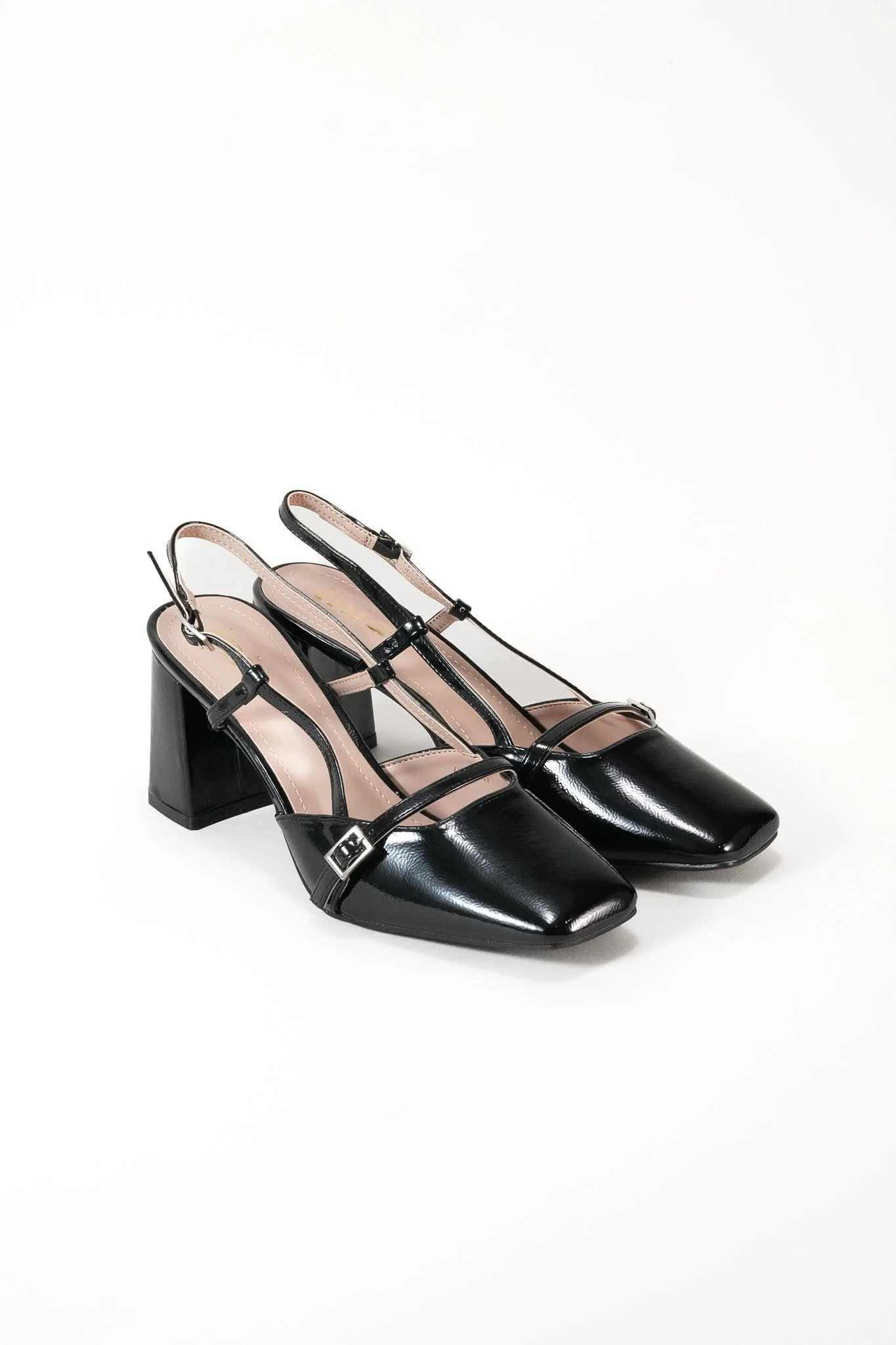 Escarpins avec bride boucles talon ouvert, Noir vernis