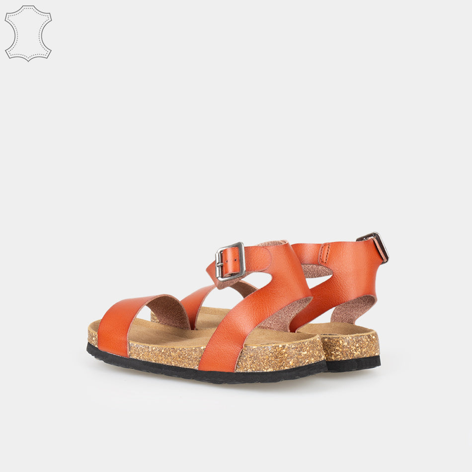 Sandales plates en Cuir cognac avec Bride Cheville