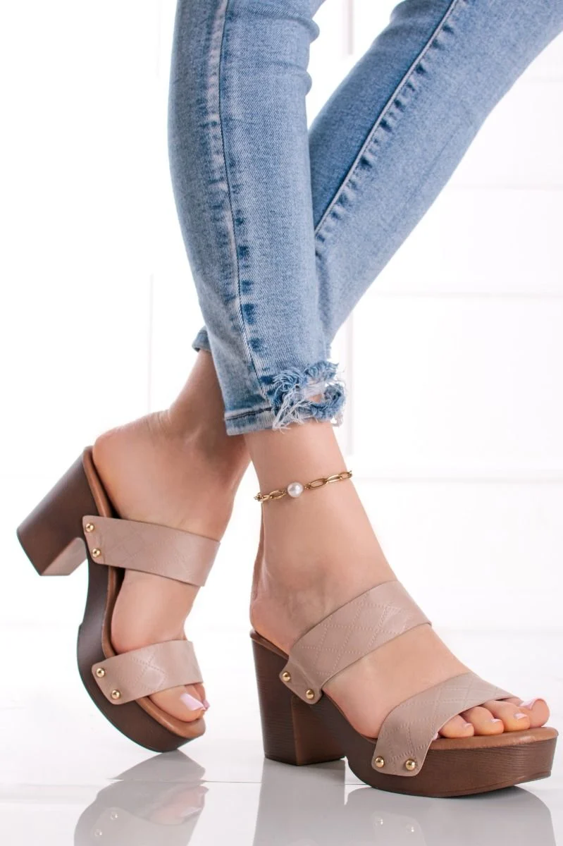 Mules femme plateforme à talon carré et larges brides, Beige