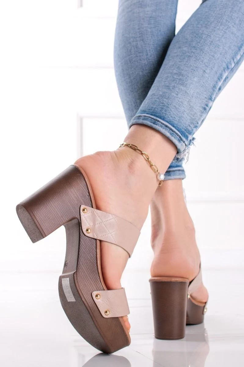 Mules femme plateforme à talon carré et larges brides, Beige