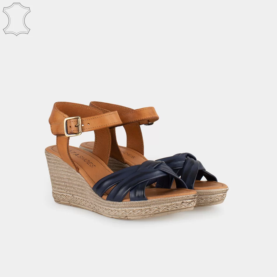 Sandale compensée bleu marine en Cuir