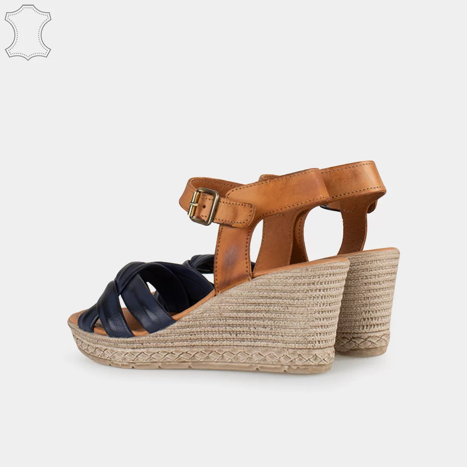 Sandale compensée bleu marine en Cuir