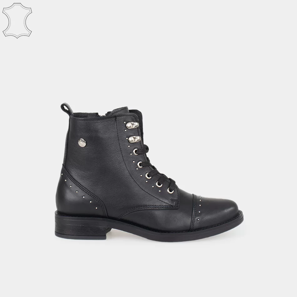 Bottines femmes plates à lacets cloutées, cuir noir