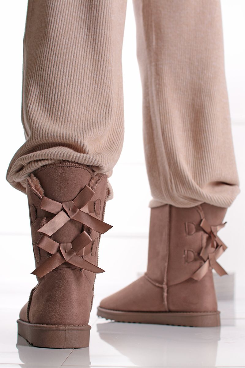 Bottines femmes fourrées plates avec nœuds, Taupe