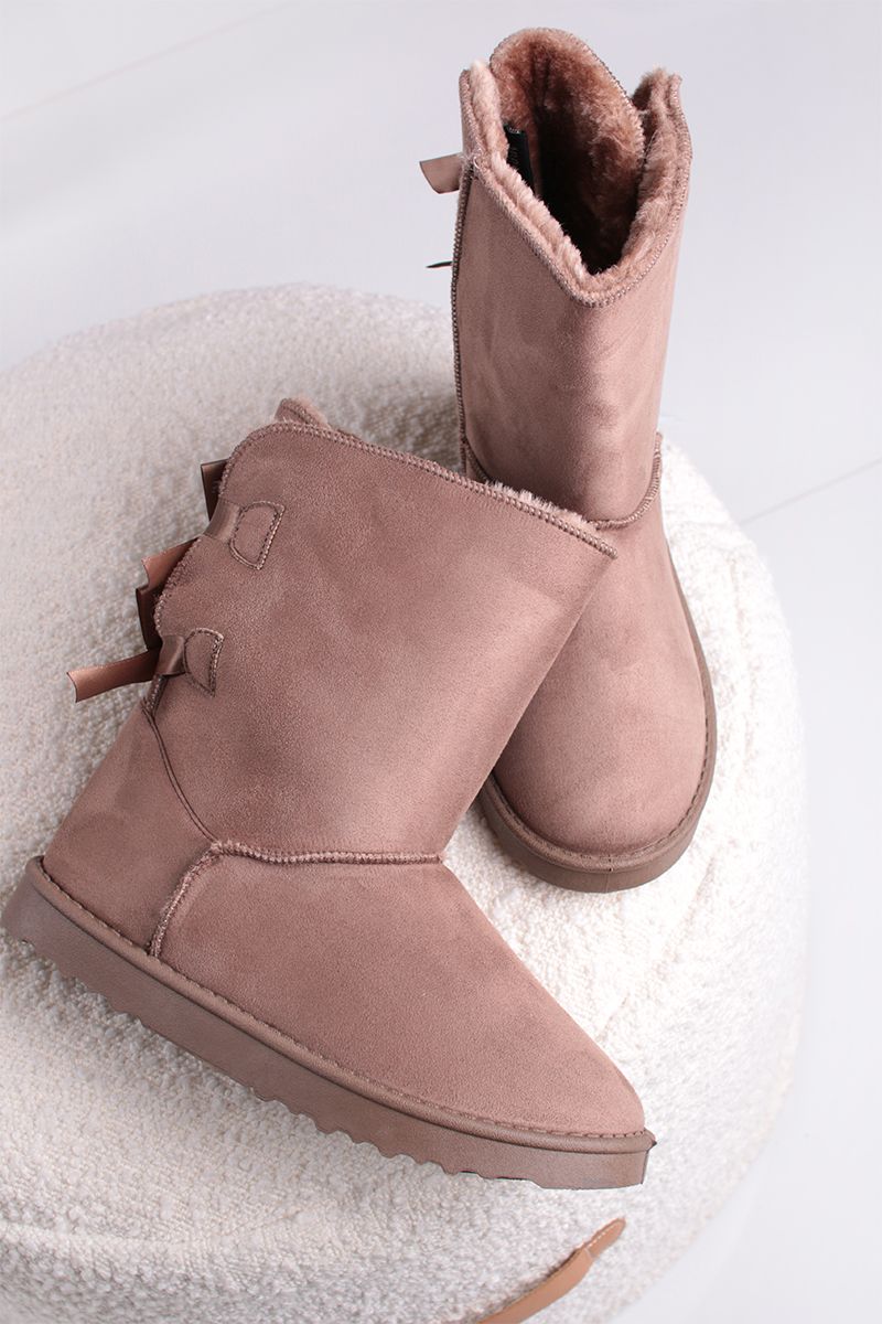 Bottines femmes fourrées plates avec nœuds, Taupe