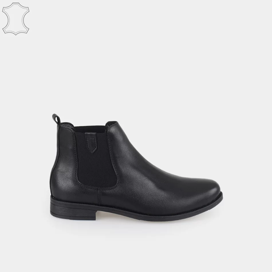 Bottines Chelsea femmes plates en cuir, Noir