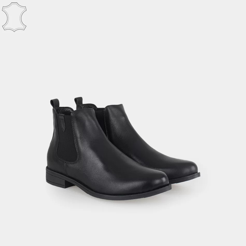 Bottines Chelsea femmes plates en cuir, Noir
