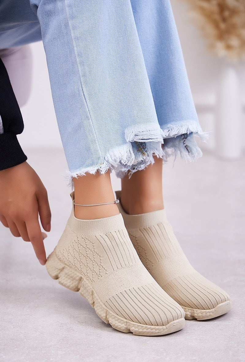 Sneakers femmes plats sans lacets, beige