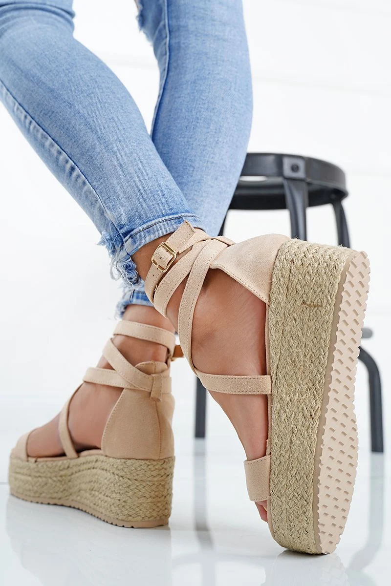 Espadrilles compensées à brides Cheville, Beige nude