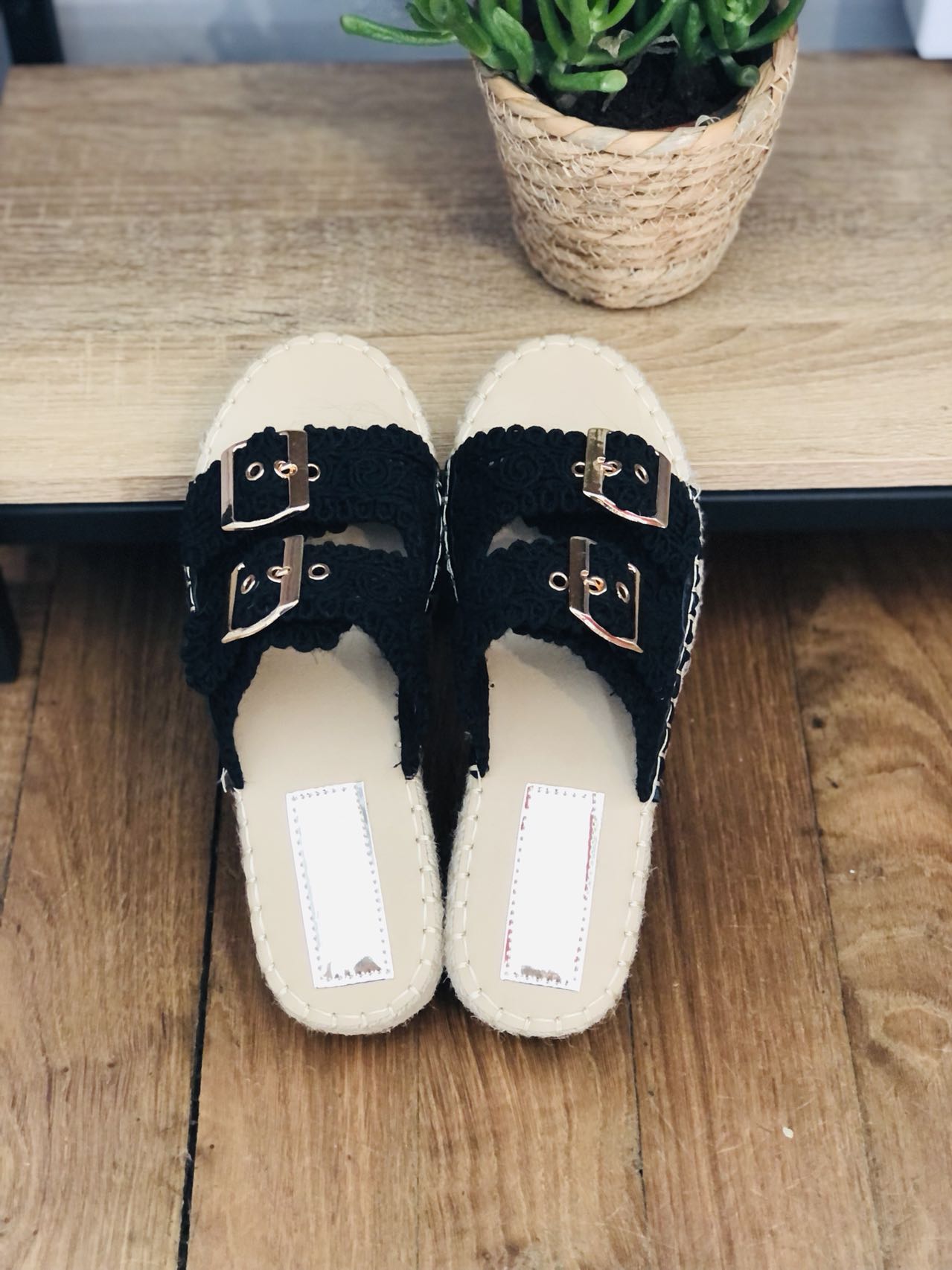 Mules espadrilles femmes à deux brides, Noir