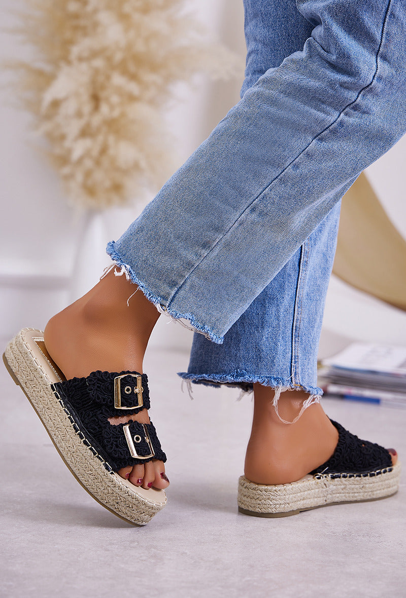 Mules espadrilles femmes à deux brides, Noir