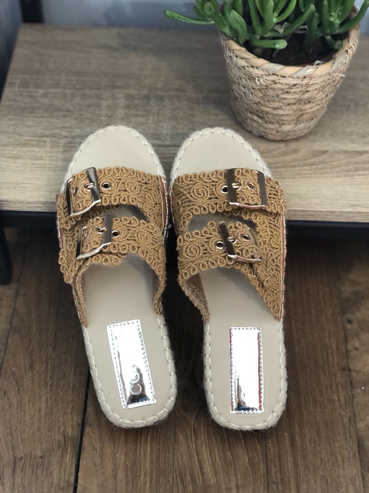 Mules espadrilles femmes à deux brides, Camel
