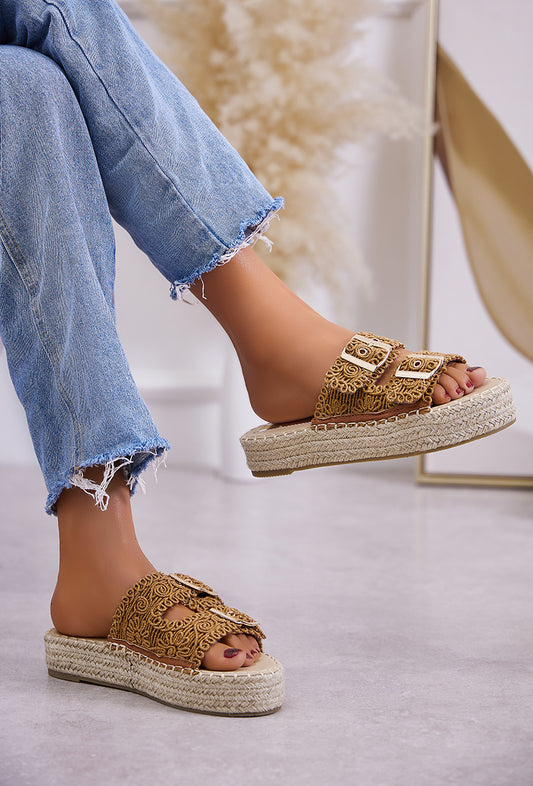 Mules espadrilles femmes à deux brides, Camel