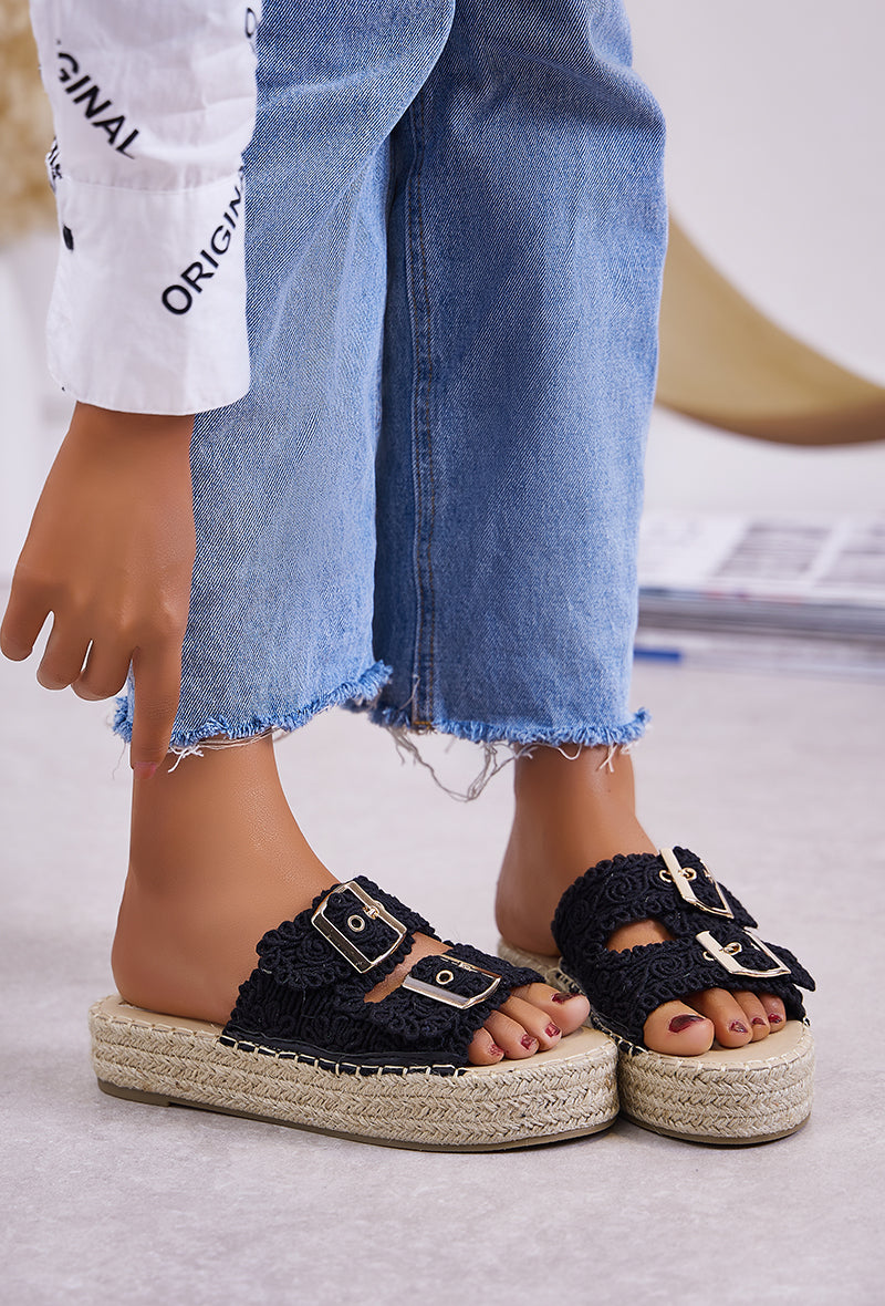 Mules espadrilles femmes à deux brides, Noir