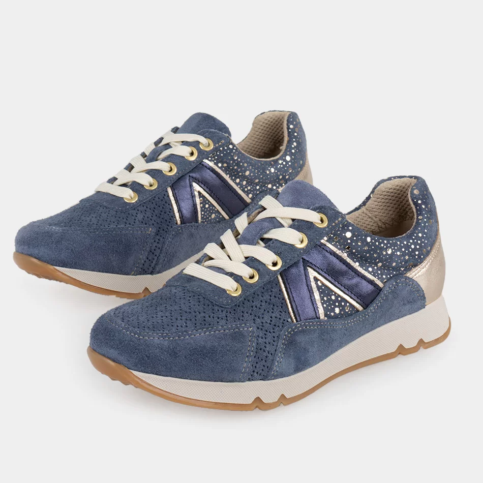 Tennis Femme Cuir marche confort, Leather bleu