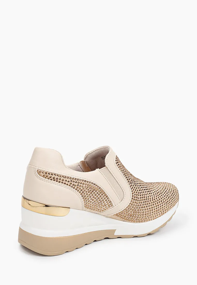 Baskets femmes compensées basses à strass, Beige Doré