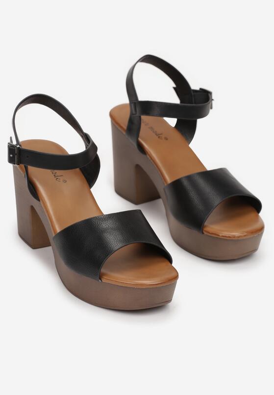 Sandales plateforme à talons bloc, semelle effet bois, Noir