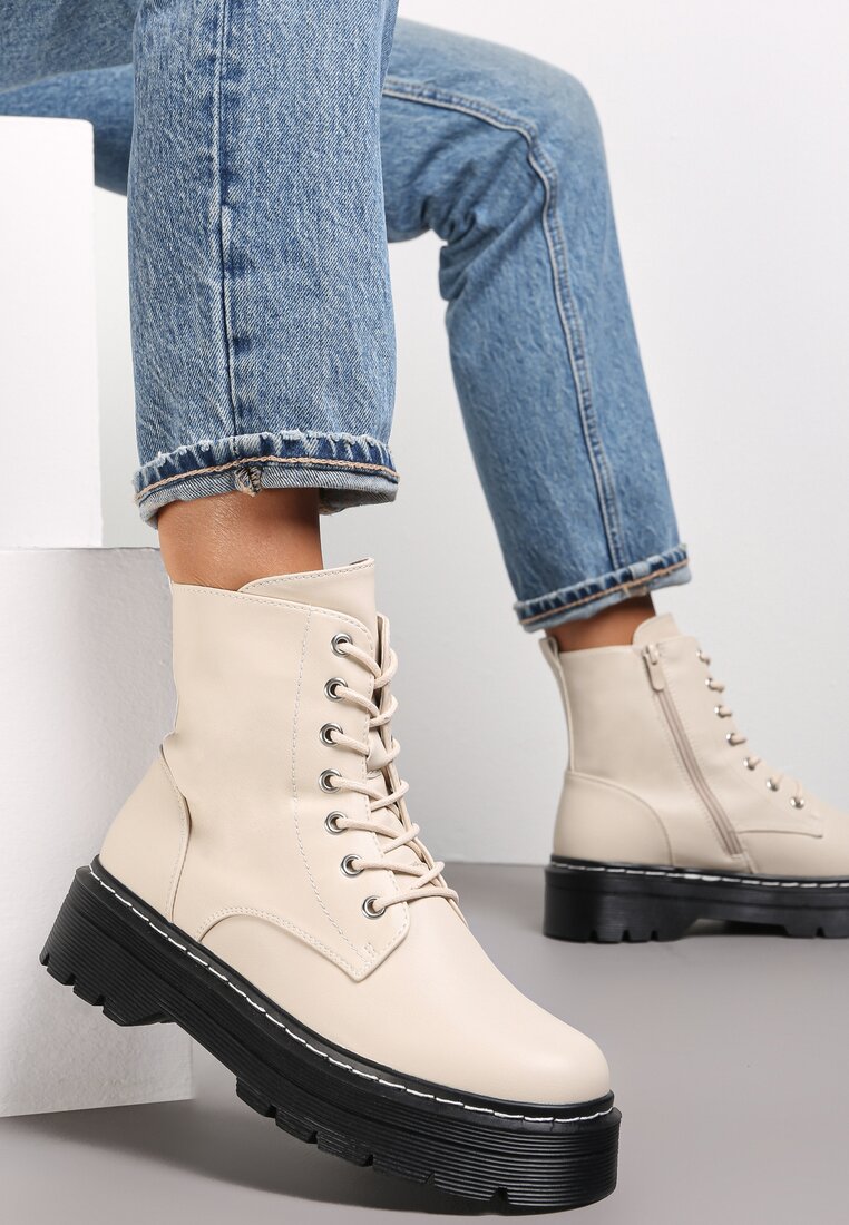 Bottines femmes plateformes à lacets, Beige écru