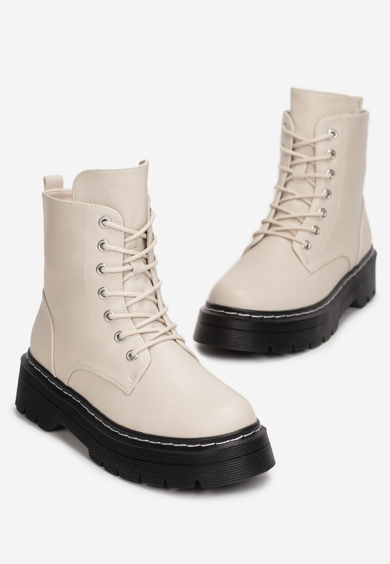 Bottines femmes plateformes à lacets, Beige écru