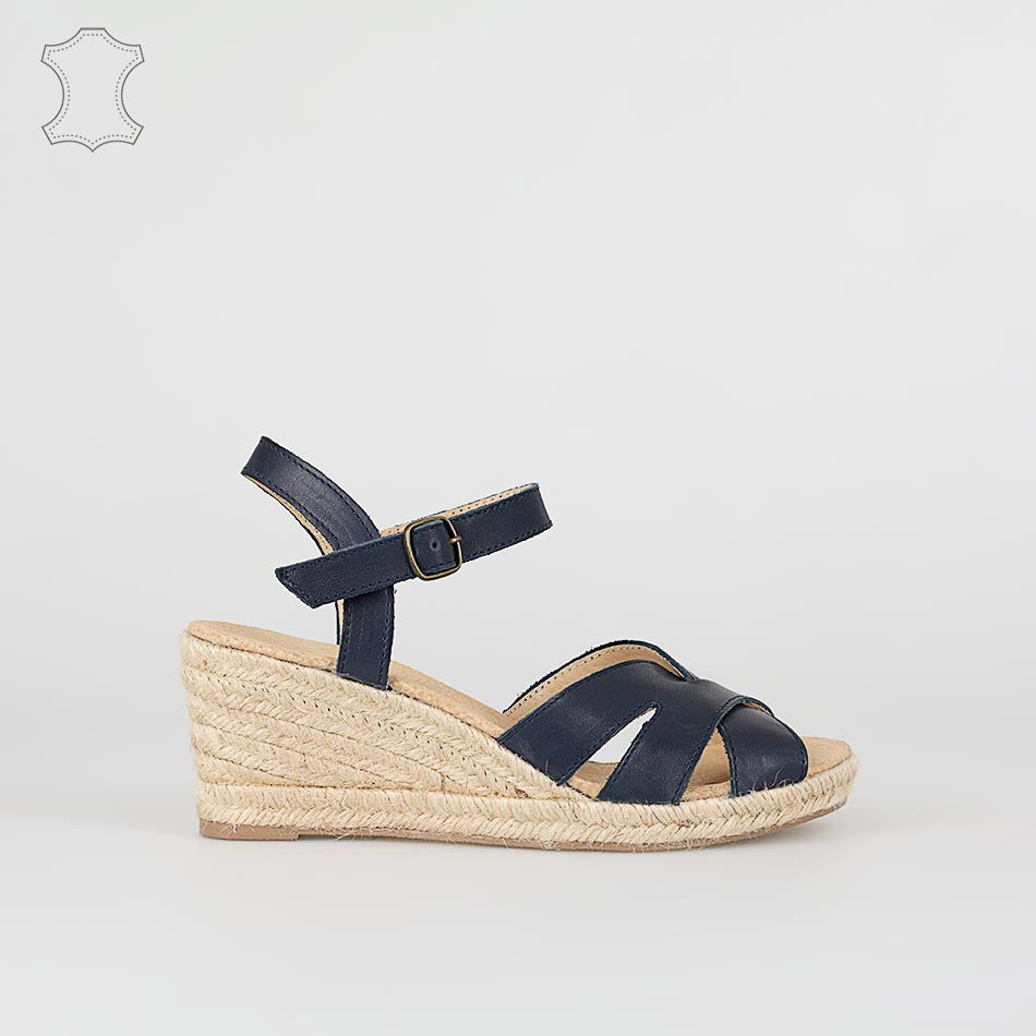 Sandale compensée marine en Cuir à brides croisées, bleu