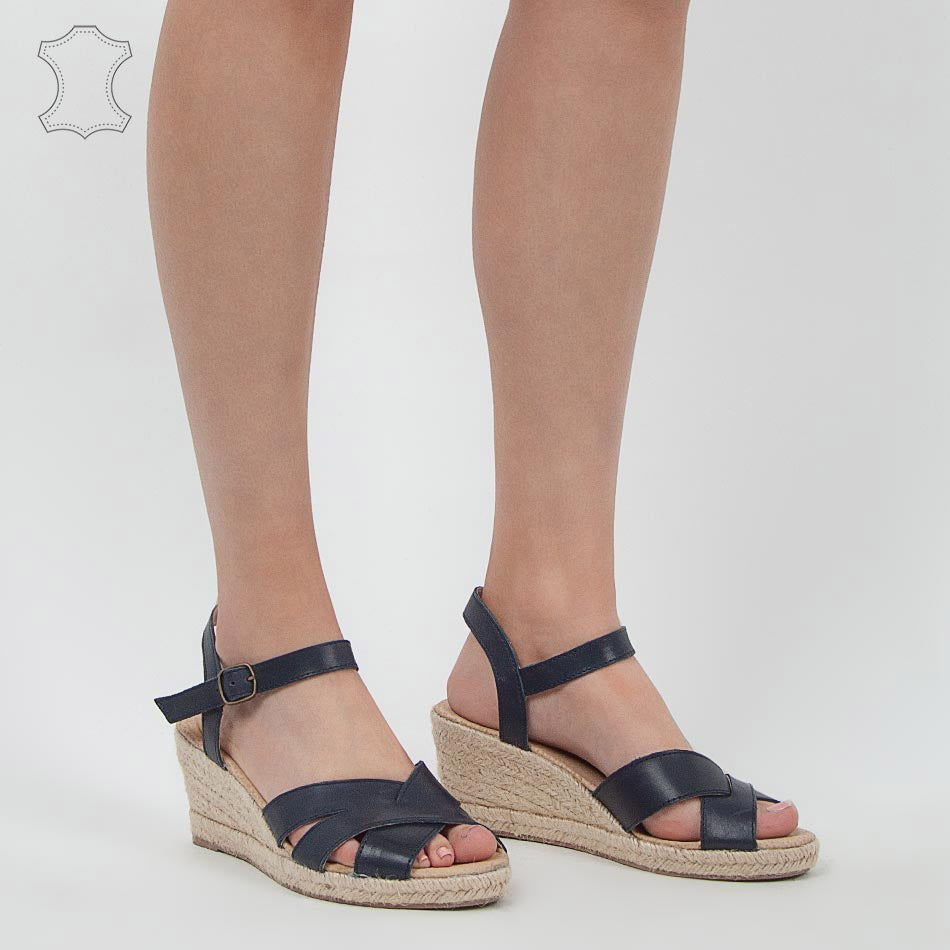 Sandale compensée marine en Cuir à brides croisées, bleu