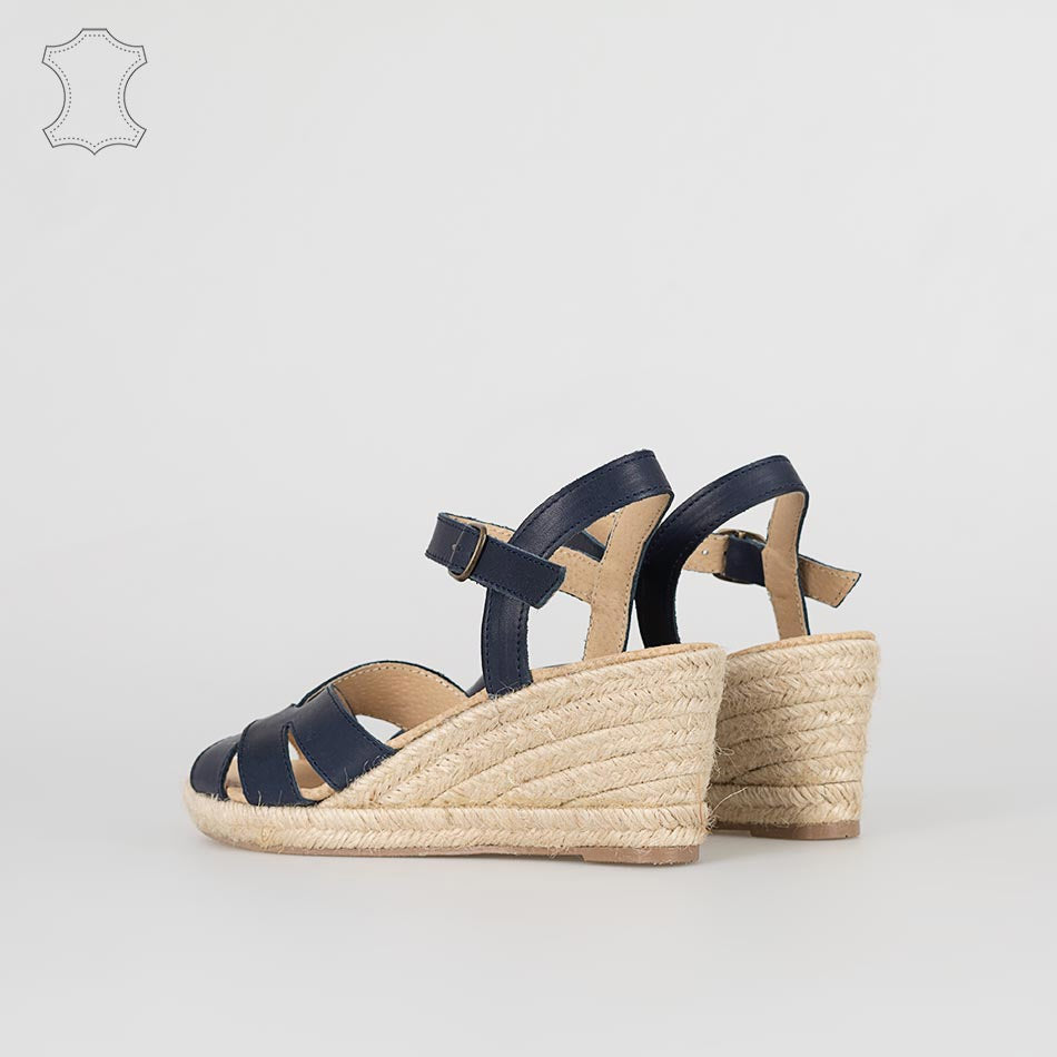 Sandale compensée marine en Cuir à brides croisées, bleu